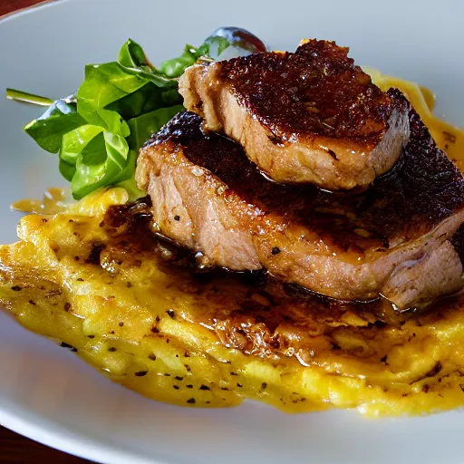 Image similar to caramelized pork chops and omelette, professional food photography in fancy restuarant