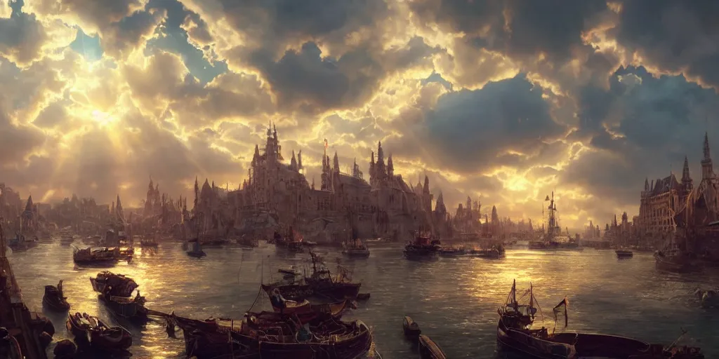 Image similar to beautiful seventeenth century harbour city, vivid colors, gorgeous clouds, god rays, digital art, landscape, fantasy art, octane render, ureal engine, high detail, very realistic, by artgerm and greg rutkowski and alphonse mucha and loish and wlop