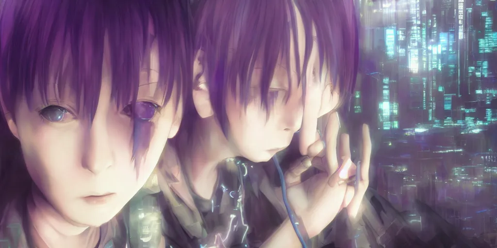 Image similar to serial experiments lain, teen girl, wired landscape, cyberpunk, psychological, photo realistic, volumetric lighting, digital art, anime background, violet color palette, very detailed faces, art by range murata and yasuyuki ueda