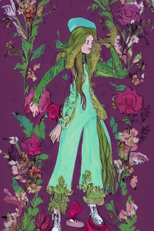 Image similar to runaway teen fashion zine from a fantasy world, floral