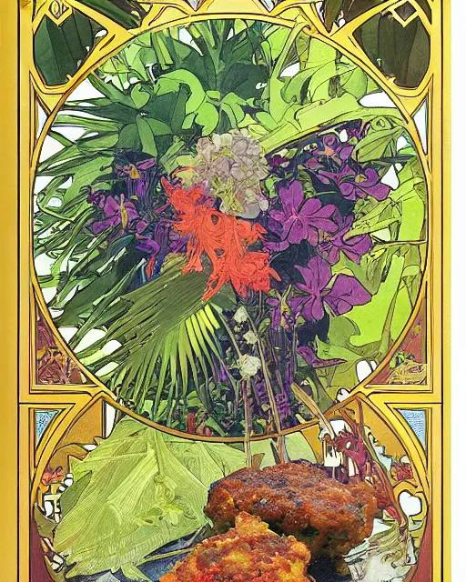 Image similar to a realistic cookbook photograph of a bacalaito fritter surrounded by tropical iconography and a variety of tropical flora, cell shading, by Alphonse Mucha, by Moebius, by hiroshi yoshida, Art Nouveau, colorful, ultradetailed, vivid colour, 3d