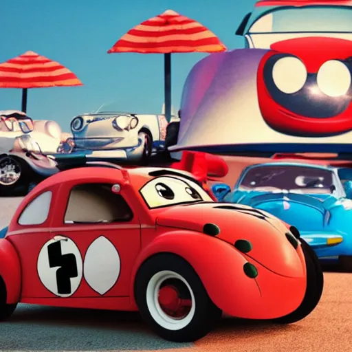 Image similar to a hybrid lady bug and'herbie the love bug'race car. it's a nice night at the drive - in diner. imax, 7 0 mm, movie still