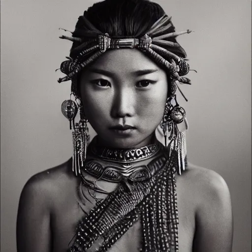 Image similar to vintage portrait of a stunningly beautiful asian tribal female, depth of field, zeiss lens, detailed, symmetrical, centered, fashion photoshoot, by edward s curtis, Annie Leibovitz and Steve McCurry, David Lazar, Jimmy Nelsson, Breathtaking, 8k resolution, extremely detailed, beautiful, establishing shot, artistic, hyperrealistic, beautiful face, octane render