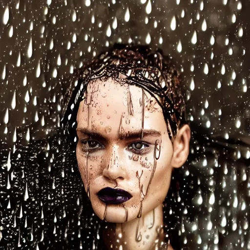 Prompt: close up of face of a wet fashion model in luxury dress, rainy, official valentino editorial, highly detailed