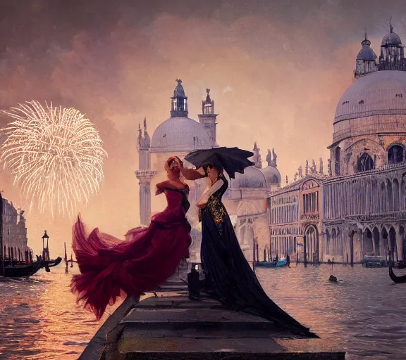 Image similar to photography of a 1 8 th couple in venice with fireworks, deep focus, intricate, elegant, highly detailed, digital painting, artstation, concept art, matte, sharp focus, illustration, art by artgerm and greg rutkowski and alphonse mucha and gil elvgren