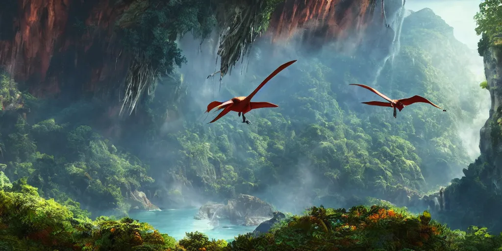 Prompt: wide angle view of swooping (orange red cerulean indigo) pterodactyl, over a deep canyon, mountainous jungle setting, trees, waterfall, river, rocks, dramatic lighting, highly detailed, artstation, unreal engine, matte painting in the style of craig mullins, Uncharted 4, fish eye lens, 8k HDR