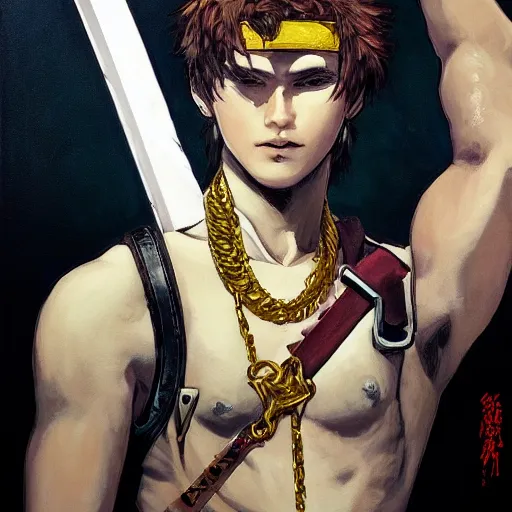 Prompt: portrait of a young white hero using his right arm to hold his sword covering his eye by yoji shinkawa, high quality, extra details, realism, ornate, colored, golden chain, blood, white skin, short hair, brown eyes, vivid, sunlight, red headband, black eyepatch, white american soldier, painting, cybernetics, military