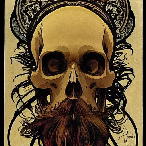 Prompt: bearded skull, illustration, art by alphonse mucha