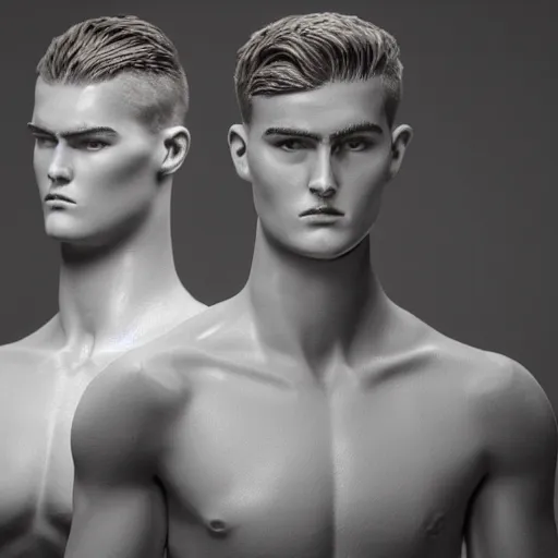 Prompt: a realistic detailed photo of a guy who is an attractive humanoid who is half robot and half humanoid, who is a male android, soccer player matthijs de ligt, shiny skin, posing like a statue, blank stare, in a living room, on display, showing off his muscles, with a twin