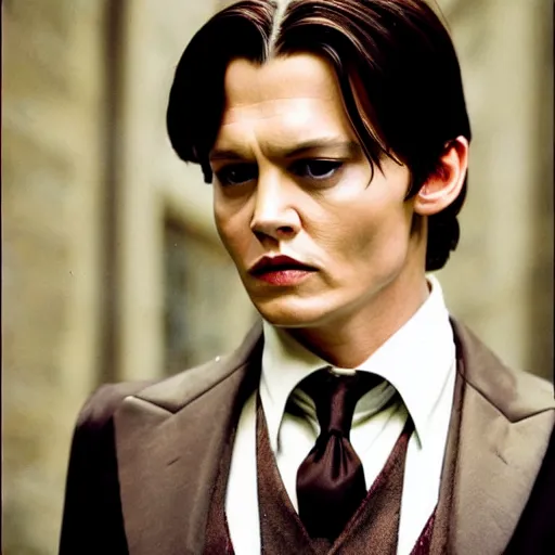 Image similar to Film Still of a Young Adult Johnny Depp playing Tom Riddle in Harry Potter, Film Still, realistic, hyperrealistic, very realistic, very very realistic, highly detailed, very detailed, extremely detailed, detailed, detailed face, very detailed face, very detailed face, realism, HD Quality, 8k resolution, intricate details, body and head in frame, Real Life