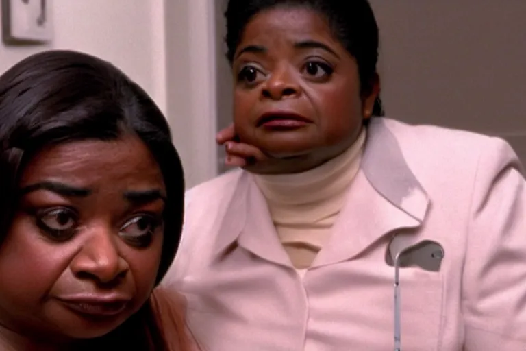 Image similar to screenshot of close up of octavia spencer removes a small hearing device with tweezers from her left ear, iconic scene from the paranoid sci fi thriller film directed by stanley kubrick, apartment set in the near future, cinematic shot with anamorphic lenses, color theory, apartment design, leading lines, photorealistic, volumetric lighting