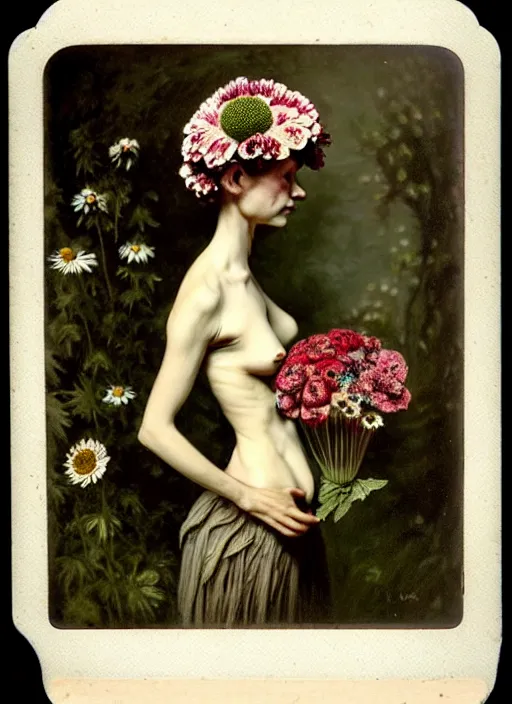 Prompt: beautiful and detailed rotten woman made of plants and many types of stylized flowers like carnation, daisy, chrysanthemum, anemone, roses and tulips, intricate, surreal, vladimir volegov, john constable, guy denning, gustave courbet, caravaggio, romero ressendi, bruno walpoth 1 9 1 0 polaroid photo