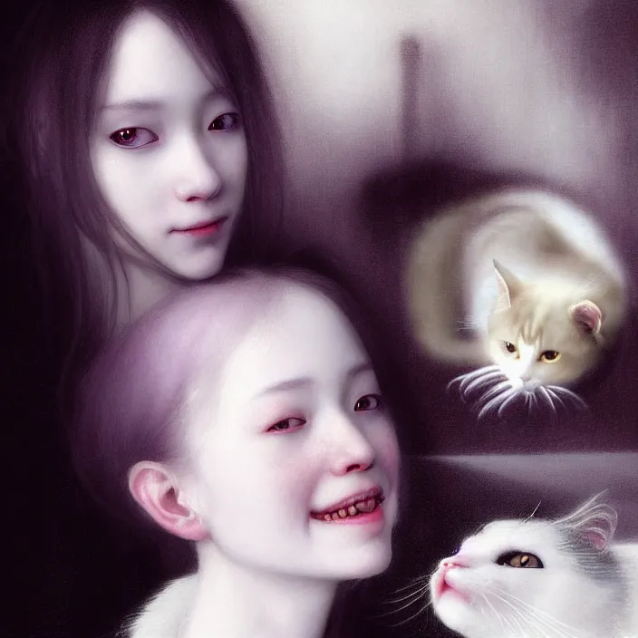 Image similar to renaissance portrait of the secretive vampire girl loner smiling at her cat, by yoshitaka amano, casey baugh, steve caldwell, gottfried helnwein, yasunari ikenaga, nico tanigawa, and artgerm rendered with 3 d effect.