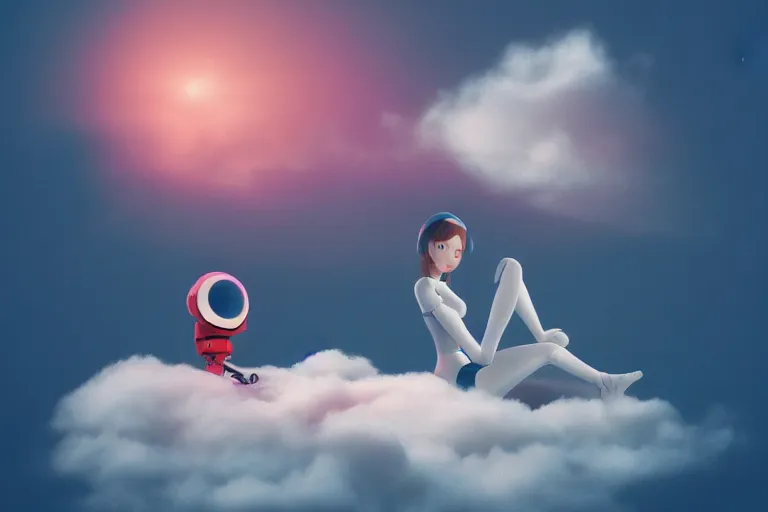 Image similar to a cute robot girl sitting on a cloud relaxing, misty, digital art, hazy, foggy, red lighting, ambient lighting, 8 k,