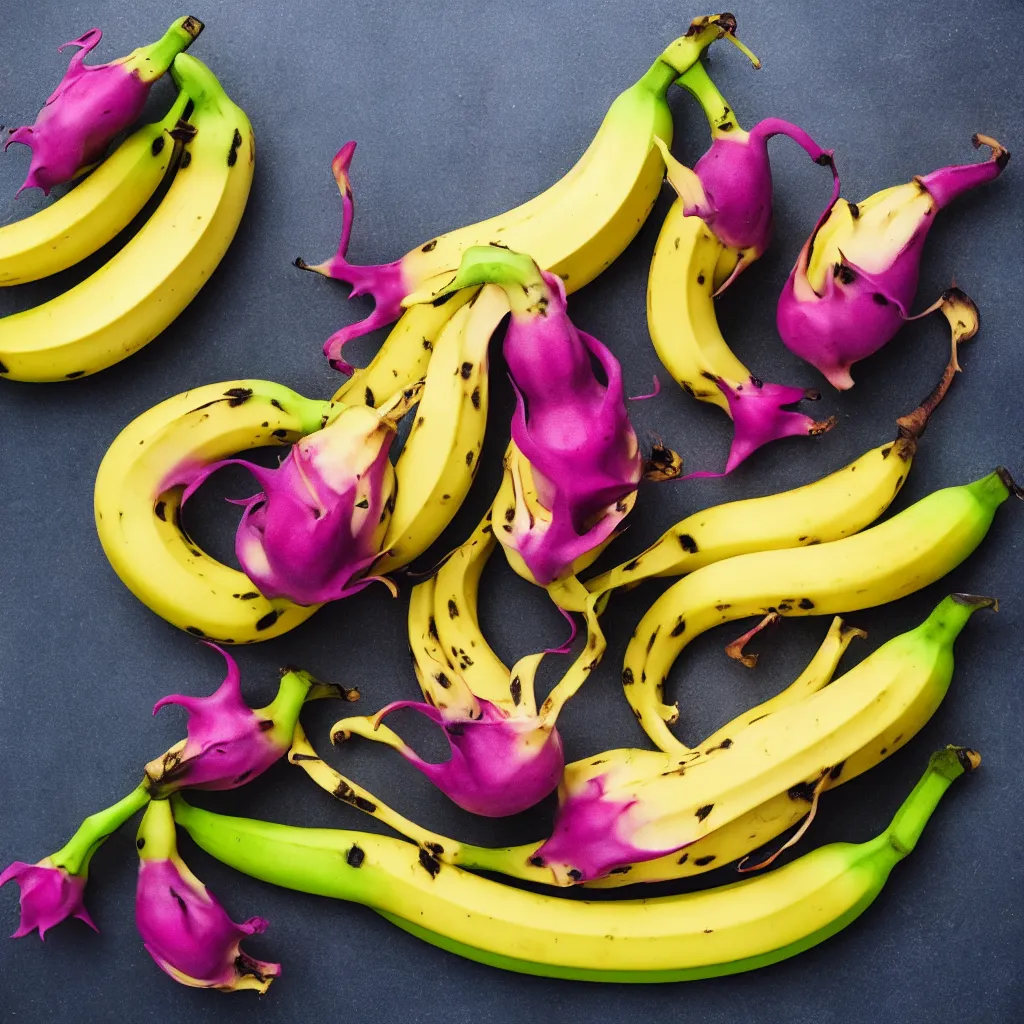 Image similar to banana in the shape of dragon fruit, hyper real, food photography, high quality