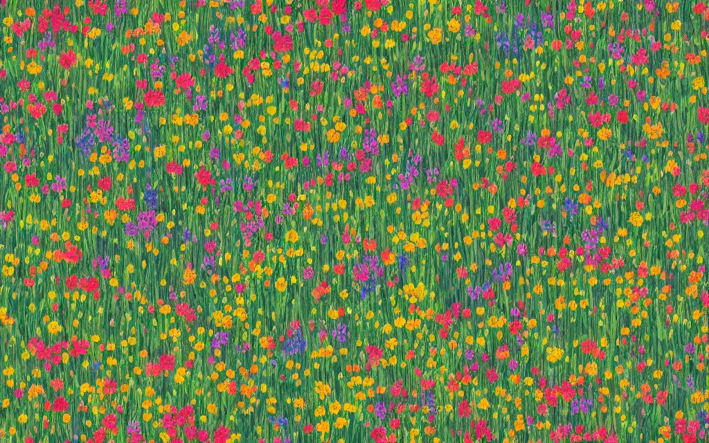 Prompt: a sprawling flowery meadow with tall trees, in the style of tomas sanchez
