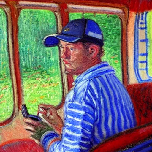 Image similar to guy with baseball hat and striped shirt siting in a bus and looking at his smartphone by monet