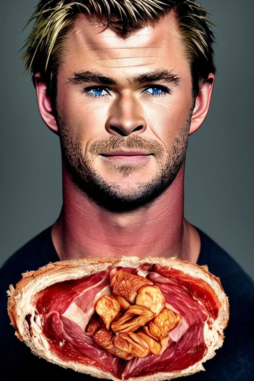 Image similar to 📷 chris hemsworth the ham, made of food, head portrait, dynamic lighting, 4 k