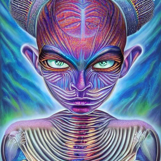 Prompt: a hyper realistic painting of an alien princess, metal headdress, by alex grey, highly detailed, vivid color,