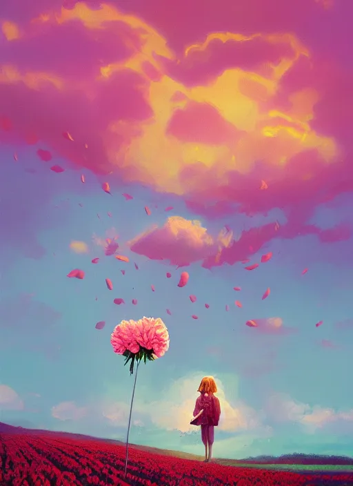 Image similar to woman with a giant carnation as a face, flower field, surreal photography, sunset dramatic light, impressionist painting, colorful clouds, blue sky, digital painting, artstation, simon stalenhag