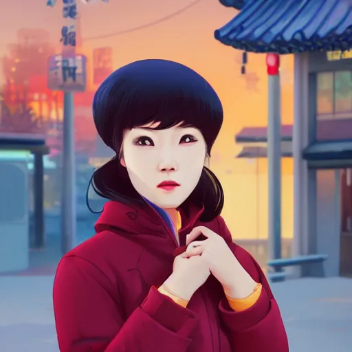 Prompt: a beautiful chinese woman in a down jacket with a grocery store in the background ambient lighting, 4 k, lois van baarle, ilya kuvshinov, rossdraws, alphonse mucha, jung gi kim, artstation