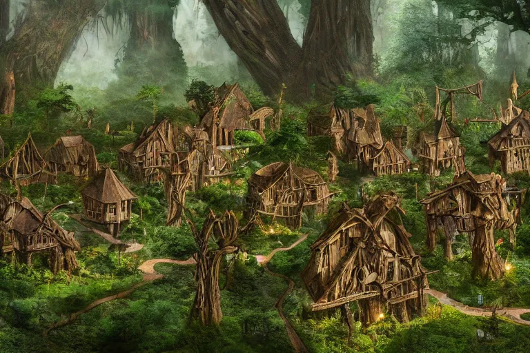 Image similar to a wood elf village suspended high in the redwood tree canopy, fantasy setting, dense vegetation, very detailed, d & d concept art, 4 k