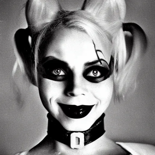 Prompt: Harley Quinn, realistic, portrait, black and white photography, 1960