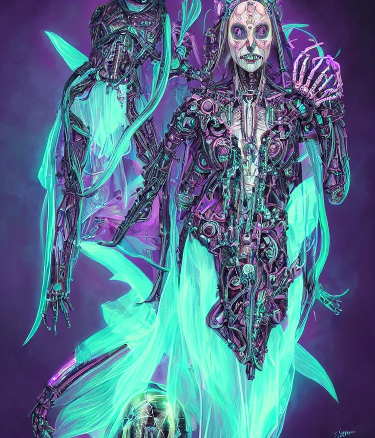 Image similar to fully symmetrical centered iridescent portrait of a beautiful princess demon in robe. skulls artificial muscles, ribcage, bones, hard surface modelling. cyberpunk look. biomechanical mask. bio luminescent biomechanical halo around head. neon jellyfish. artwork by jarold Sng by artgerm, by Eddie Mendoza, by Peter mohrbacher by tooth wu, by beeple, unreal engine, octane render, cinematic light, high details, iridescent colors, dichroic, macro, depth of field, blur