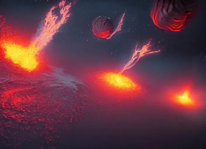 Image similar to 3d render of a volcanic eruption flowing and flying through interstellar deep space in the art style of James Jean, very James Jean style, octane render