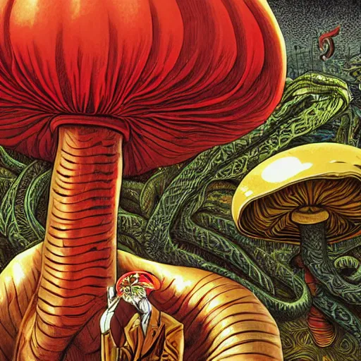 Image similar to A centered chest up portrait of a psychedelic demonic anthropomorphic snake smoking a hand-rolled cigarette smoking heavily , magic mushroom village in background , award winning. superb resolution. in the art style of junji Ito and greg rutkowski . Detailed Mushroom city in background. Hyper realistic anime. Perfect art. Dalle2