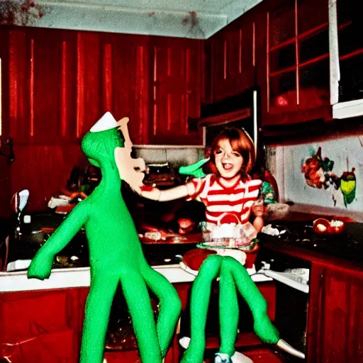 Image similar to gumby food fight inside abandoned dollhouse, 35mm grainy film photography