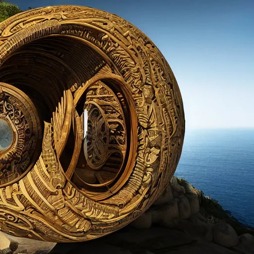 Image similar to a gigantic paleolothic torus made of stone with highly detailed carvings of intricate shamanic robotic electronics and circuitry, in a mediterranean lanscape, inside a valley overlooking the sea