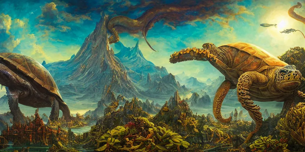 Image similar to fantasy oil painting, great leviathan, cybernetic turtle cephalopod terrapin reptilian pachyderm squid, bella hadid, hybrid, milla jovovich, anubis, epic natural light, lush plants flowers, spectacular mountains, bright clouds, luminous sky, outer worlds, golden hour, michael cheval, edward hopper, michael whelan, vray, hd