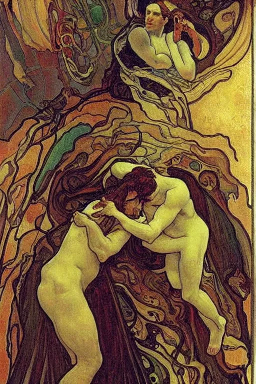 Image similar to saturn devouring his son, beautiful dark art, painting by alfons mucha