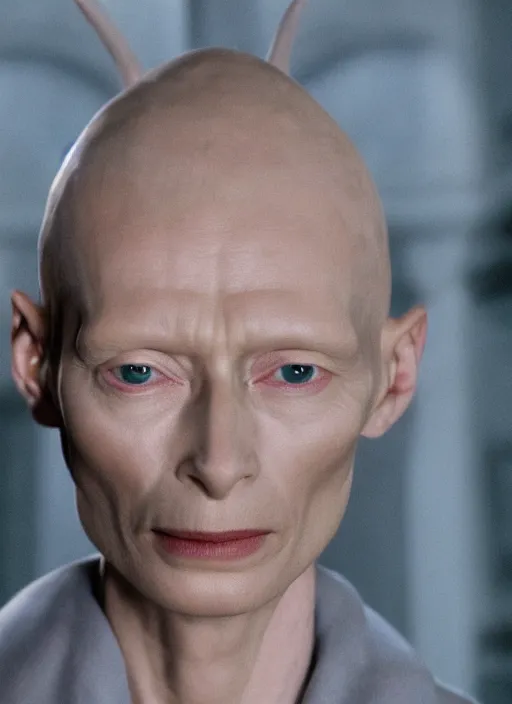 Prompt: film still of tilda swinton as voldemort in harry potter, 4 k, ( voldemort nose )