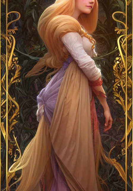Prompt: rapunzel with long gold hair magic, intricate, elegant, highly detailed, digital painting, artstation, concept art, smooth, sharp focus, illustration, art by artgerm and greg rutkowski and alphonse mucha and william - adolphe bouguereau