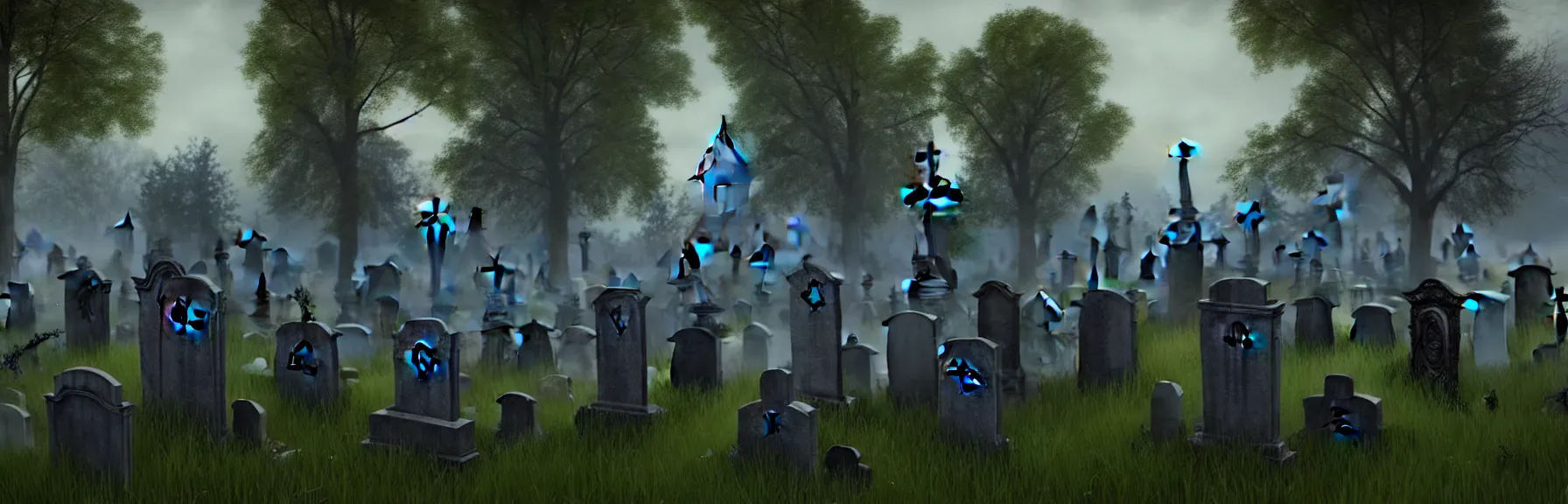 Image similar to a graveyard in front of a strange abandoned dilapidated building, multiple tombstones, cemetery of possessed spirits; very detailed, by Adolf Hitler, Thomas Gainsborough; artstation, unreal engine 5