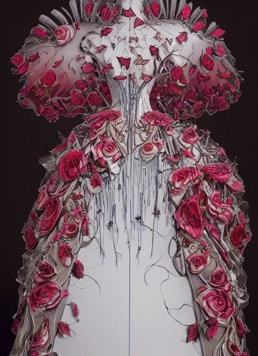 Prompt: costume design manuscript ， a haute couture dress of melting roses and butterfly, costume design, by ziad nakad, fluid dynamics, highly detailed