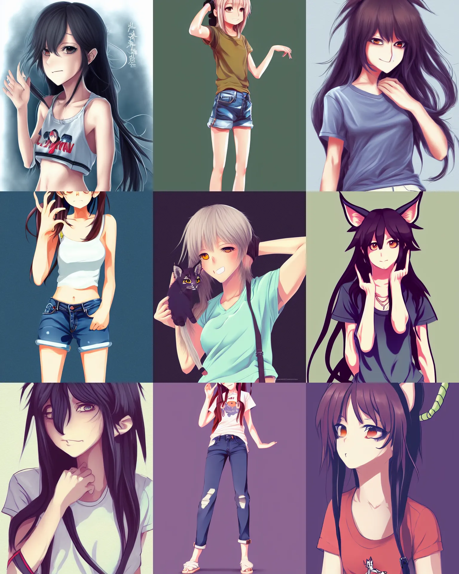 Prompt: fullbody portrait of half - woman with lynx nose and ears, wearing summer jeans shorts and tshirt, anime art, concept art, detailed attractive face, trending on pixiv