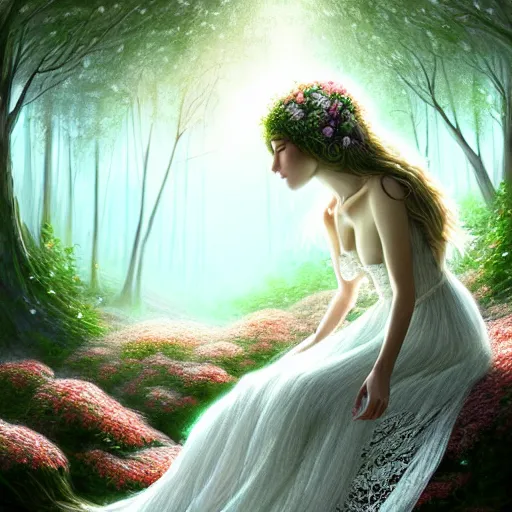 Prompt: a picture of a beautiful woman in a white lace dress and covered in flowers and leaves sitting overlooking an enchanted forest, high fantasy, elegant, epic, detailed, intricate, digital painting, concept art, realistic detailed face, smooth, focus, rim light and volumetric light through the trees,