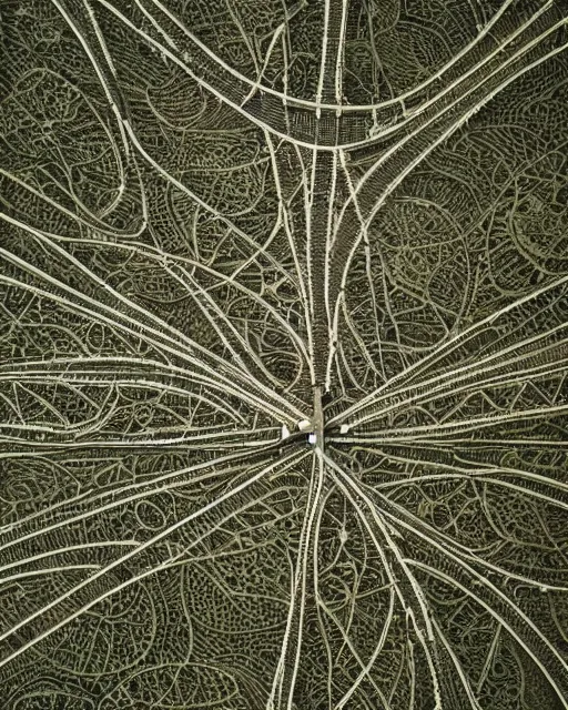 Image similar to orbital motorway, made of intricate decorative lace leaf skeleton, shot from a drone, in the style of the dutch masters and gregory crewdson, dark and moody