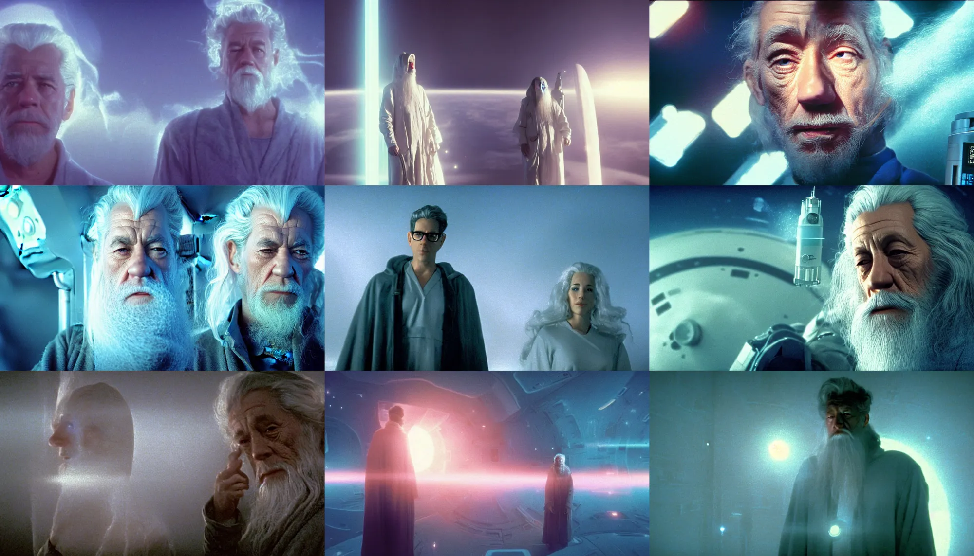 Prompt: Cinestill 50d, 8K, 35mm,J.J Abrams flare; beautiful ultra realistic vaporwave mist minimalistic puffing gandalf the grey pilot in space(1950) film still medical bay scene in 2000s frontiers in blade runner retrofuturism fashion magazine September moebius seinen manga style hyperrealism holly herndon edition, highly detailed, extreme closeup three-quarter model portrait, tilt shift LaGrange point orbit background, three point perspective, focus on anti-g flight suit,<pointé pose>;open mouth,terrified, eye contact, soft lighting