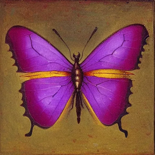 Prompt: adorable purple and red butterfly desperate for attention and love, oil painting by leonardo da vinci