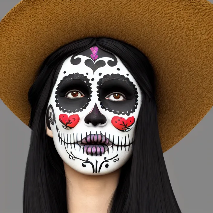 Image similar to a smiling girl with long black hair, part of her face slightly!!!!! painted as dia de los muertos, wearing mexican hat, by alozuniga _. with the style of arcane ( 2 0 2 1 ). digital draw, digital art, trending on instagram, digital painting. octane render, unreal engine, beautiful lips.