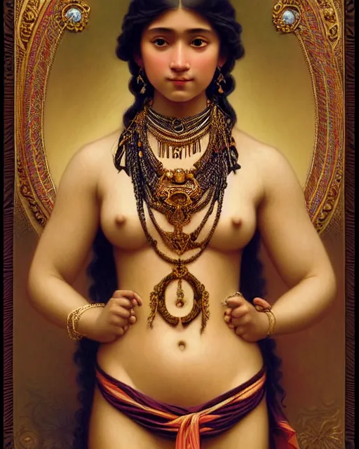 Image similar to photo of a gorgeous young tribal woman wearing elaborate baroque jewelry and rococo ornaments in the style of stefan kostic, realistic, sharp focus, symmetric, 8k high definition, insanely detailed, intricate, elegant, art by stanley lau and artgerm, William-Adolphe Bouguereau