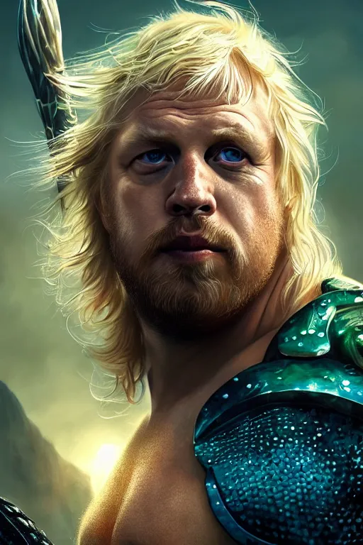 Image similar to Boris Johnson as Aquaman by Zack Snyder, realistic portrait, symmetrical, highly detailed, digital painting, artstation, concept art, smooth, sharp focus, illustration, cinematic lighting, art by artgerm and greg rutkowski and alphonse mucha