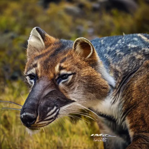 Prompt: Tasmanian Tiger in the wilderness, (Sony a7R IV, symmetric balance, polarizing filter, Photolab, Lightroom, 4K, Dolby Vision, Photography Award)