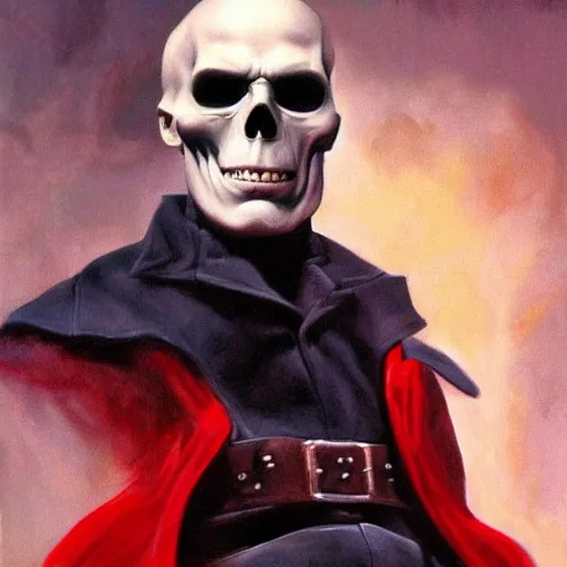 Image similar to ultra realistic portrait painting of red skull as voldemort, art by frank frazetta, 4 k, ultra realistic, highly detailed, epic lighting