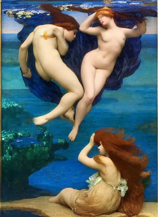 Image similar to under the sea, preraphaelite colour photography by frederic leighton, 8 k