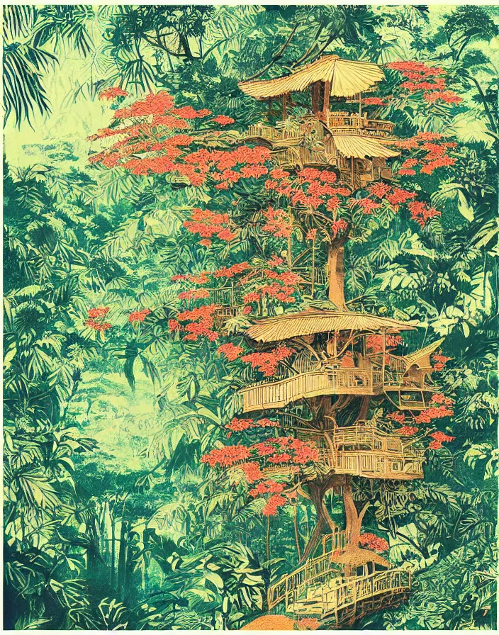 Prompt: floral jungle treehouse, Beautiful vintage Japanese poster, 10% surreal, risograph poster, beautiful colors, deep meaning, Intricate image, moving, Impressionist style, Ghibli art, high detail, dreamy, ethereal